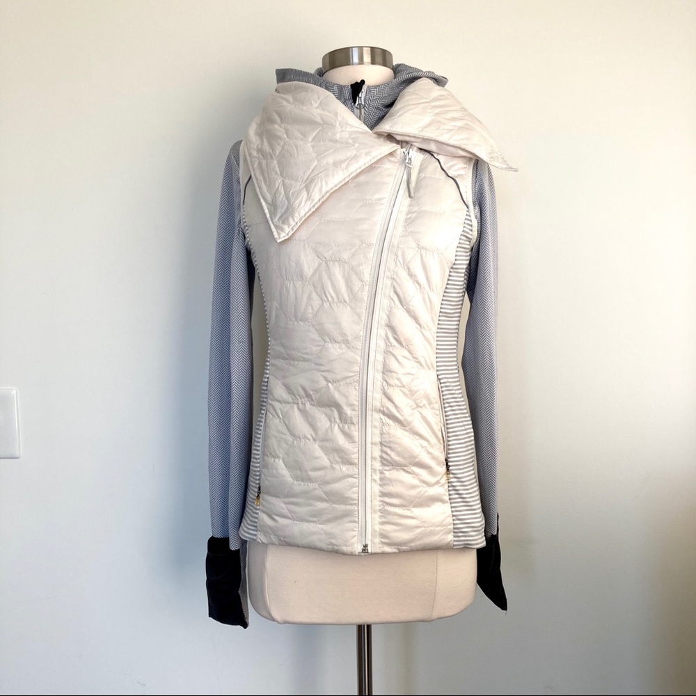 Down Puffer Vest Running Outdoor Active Sport Ivory Off White Stripe